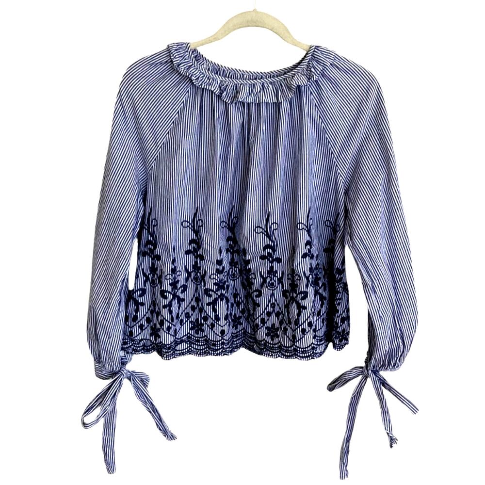 Maison Jules Embroidered Striped Cotton Blouse, Size Medium